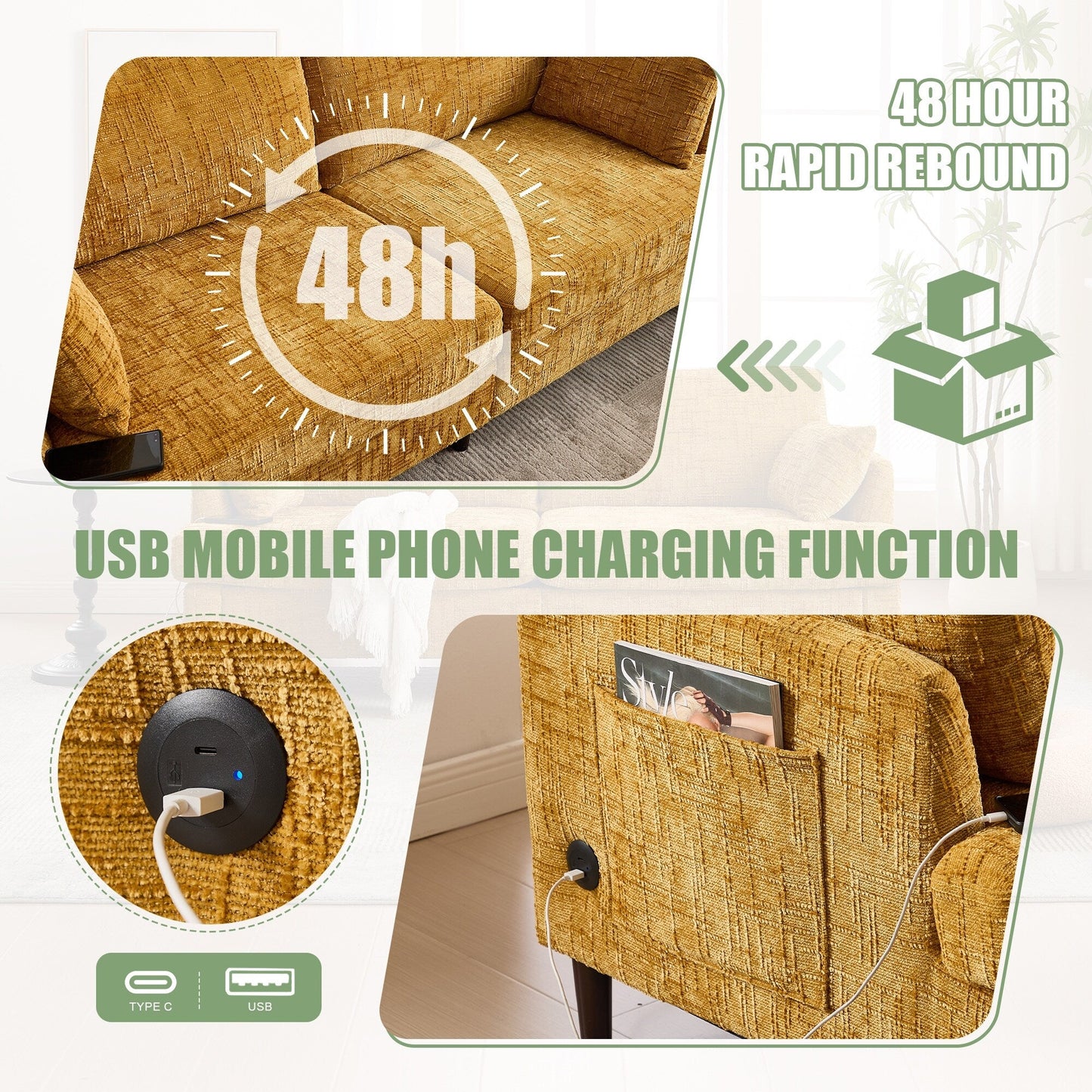 Modern Style Chenille 2-Seater Wood-Legged Sofa With Led Light, Usb Charging Port And Storage Bag Living Room Bedroom Study Room