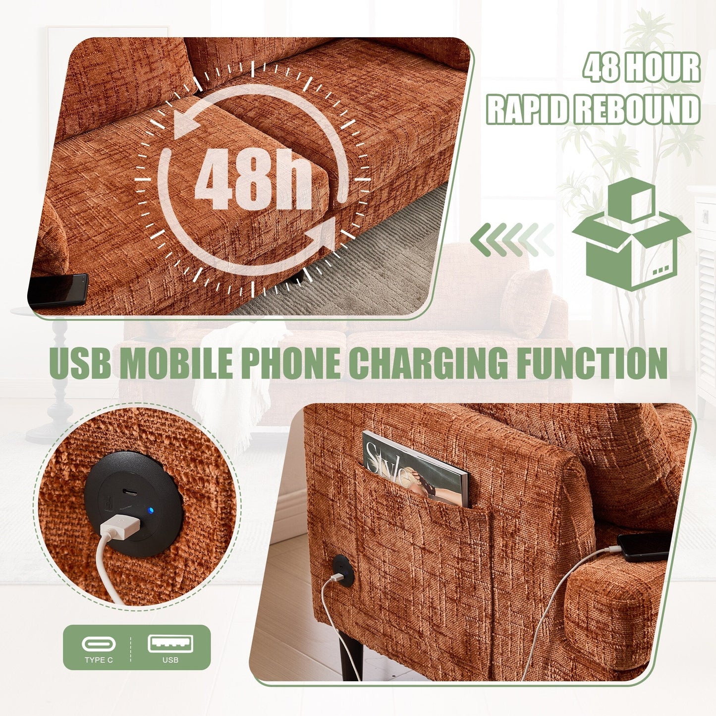 Modern Style Chenille 2-Seater Wood-Legged Sofa With Led Light, Usb Charging Port And Storage Bag Living Room Bedroom Study Room