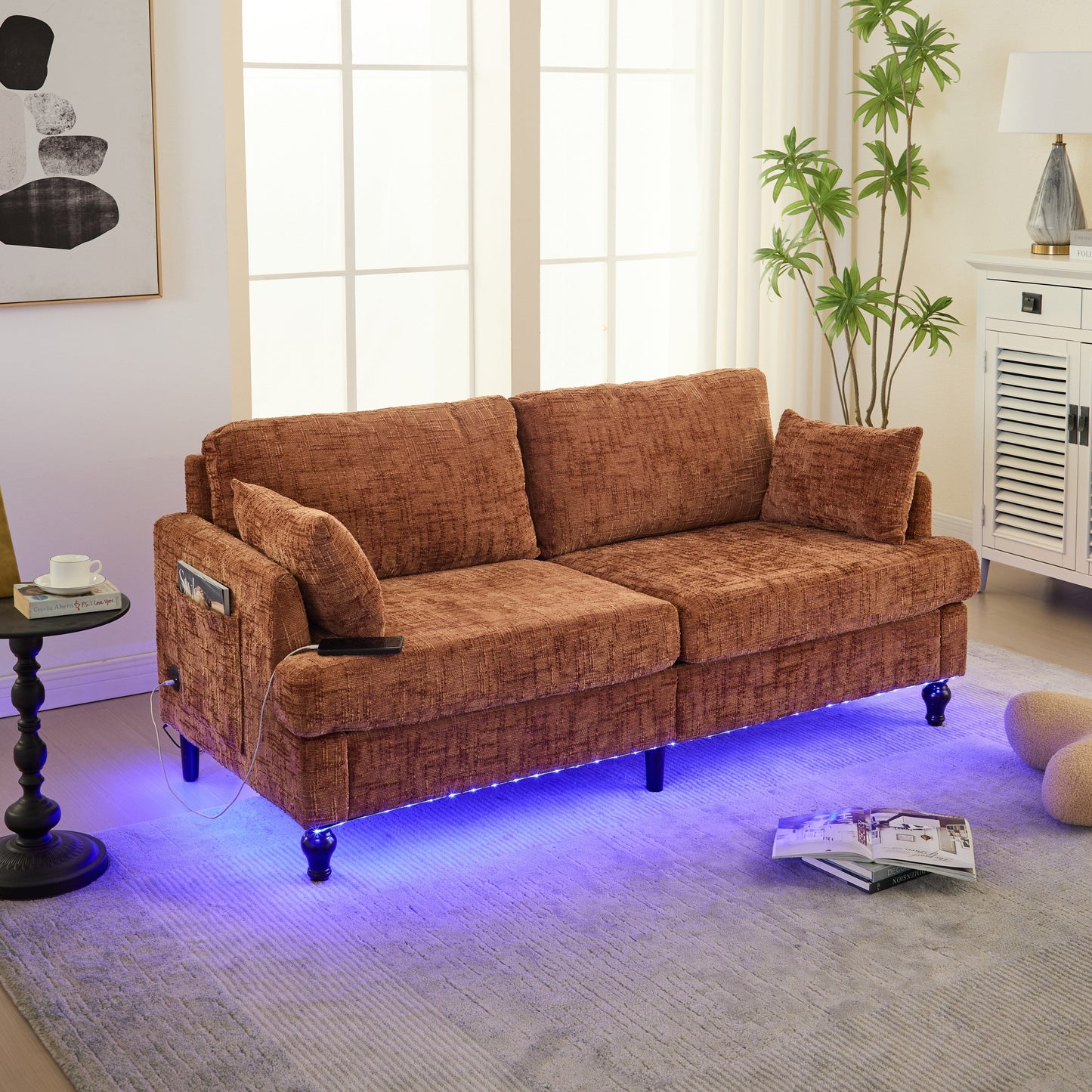 Modern Style Chenille 2-Seater Wood-Legged Sofa With Led Light, Usb Charging Port And Storage Bag Living Room Bedroom Study Room