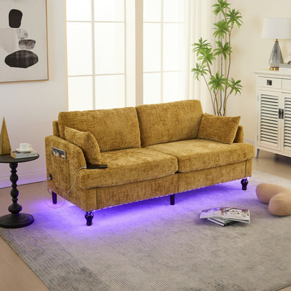 Modern Style Chenille 2-Seater Wood-Legged Sofa With Led Light, Usb Charging Port And Storage Bag Living Room Bedroom Study Room