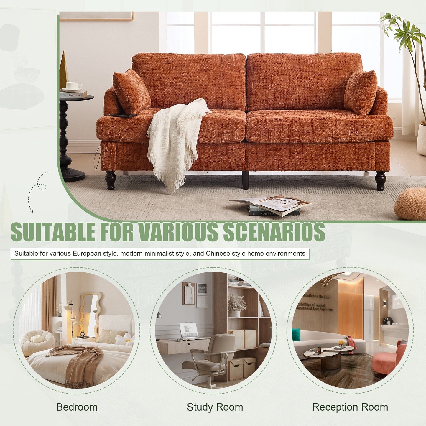 Modern Style Chenille 2-Seater Wood-Legged Sofa With Led Light, Usb Charging Port And Storage Bag Living Room Bedroom Study Room