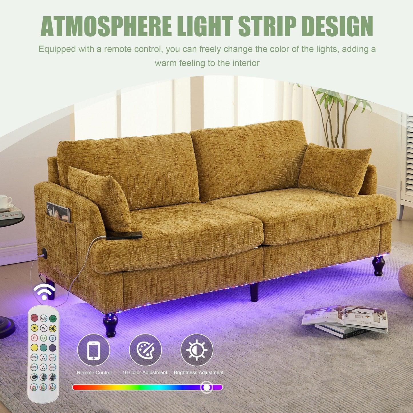 Modern Style Chenille 2-Seater Wood-Legged Sofa With Led Light, Usb Charging Port And Storage Bag Living Room Bedroom Study Room