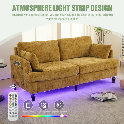 Modern Style Chenille 2-Seater Wood-Legged Sofa With Led Light, Usb Charging Port And Storage Bag Living Room Bedroom Study Room