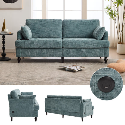 Modern Style Chenille 2-Seater Wood-Legged Sofa With Led Light, Usb Charging Port And Storage Bag Living Room Bedroom Study Room