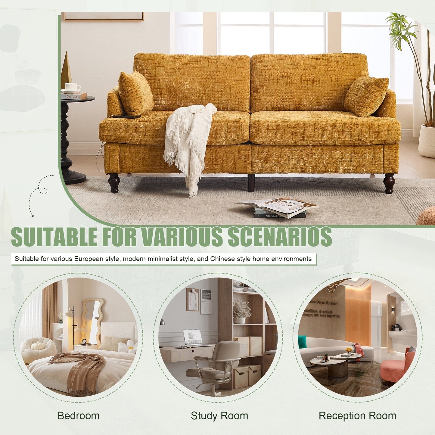 Modern Style Chenille 2-Seater Wood-Legged Sofa With Led Light, Usb Charging Port And Storage Bag Living Room Bedroom Study Room