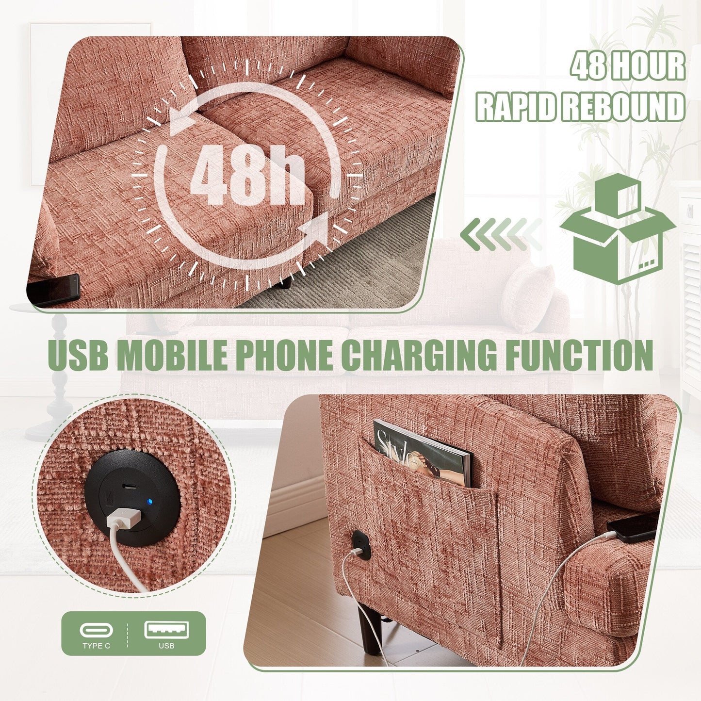 Modern Style Chenille 2-Seater Wood-Legged Sofa With Led Light, Usb Charging Port And Storage Bag Living Room Bedroom Study Room