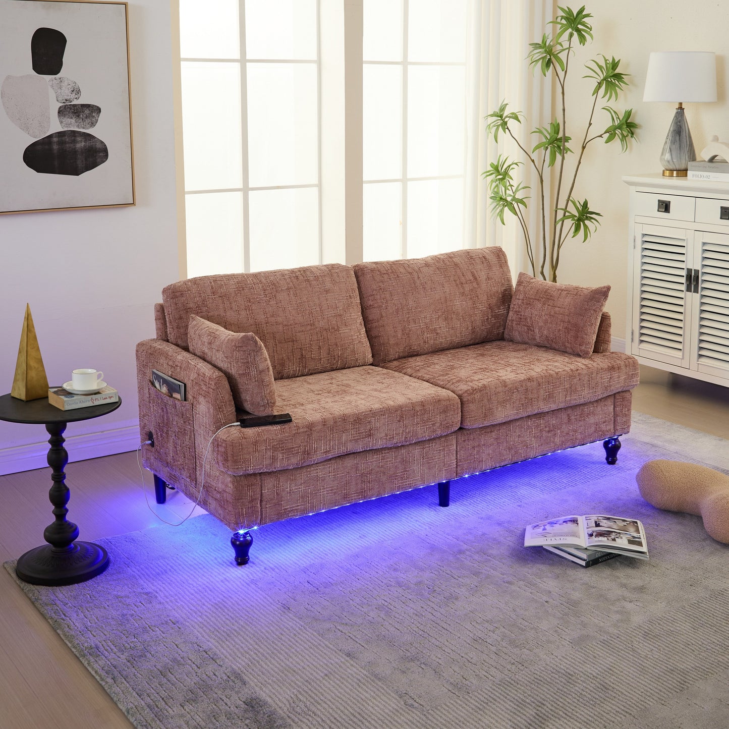 Modern Style Chenille 2-Seater Wood-Legged Sofa With Led Light, Usb Charging Port And Storage Bag Living Room Bedroom Study Room