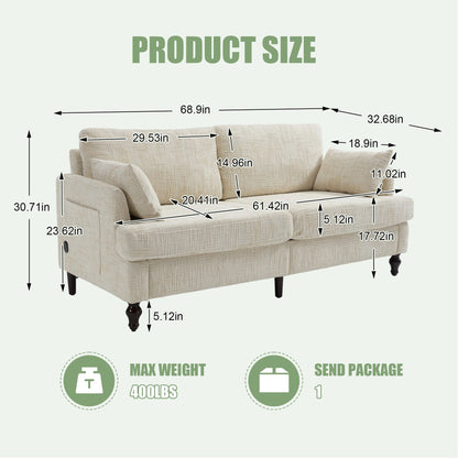 Modern Style Chenille 2-Seater Wood-Legged Sofa With Led Light, Usb Charging Port And Storage Bag Living Room Bedroom Study Room