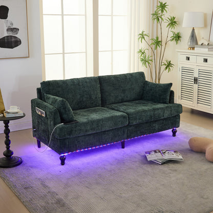 Modern Style Chenille 2-Seater Wood-Legged Sofa With Led Light, Usb Charging Port And Storage Bag Living Room Bedroom Study Room