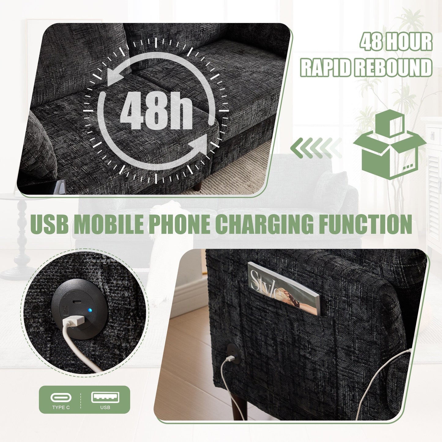 Modern Style Chenille 2-Seater Wood-Legged Sofa With Led Light, Usb Charging Port And Storage Bag Living Room Bedroom Study Room