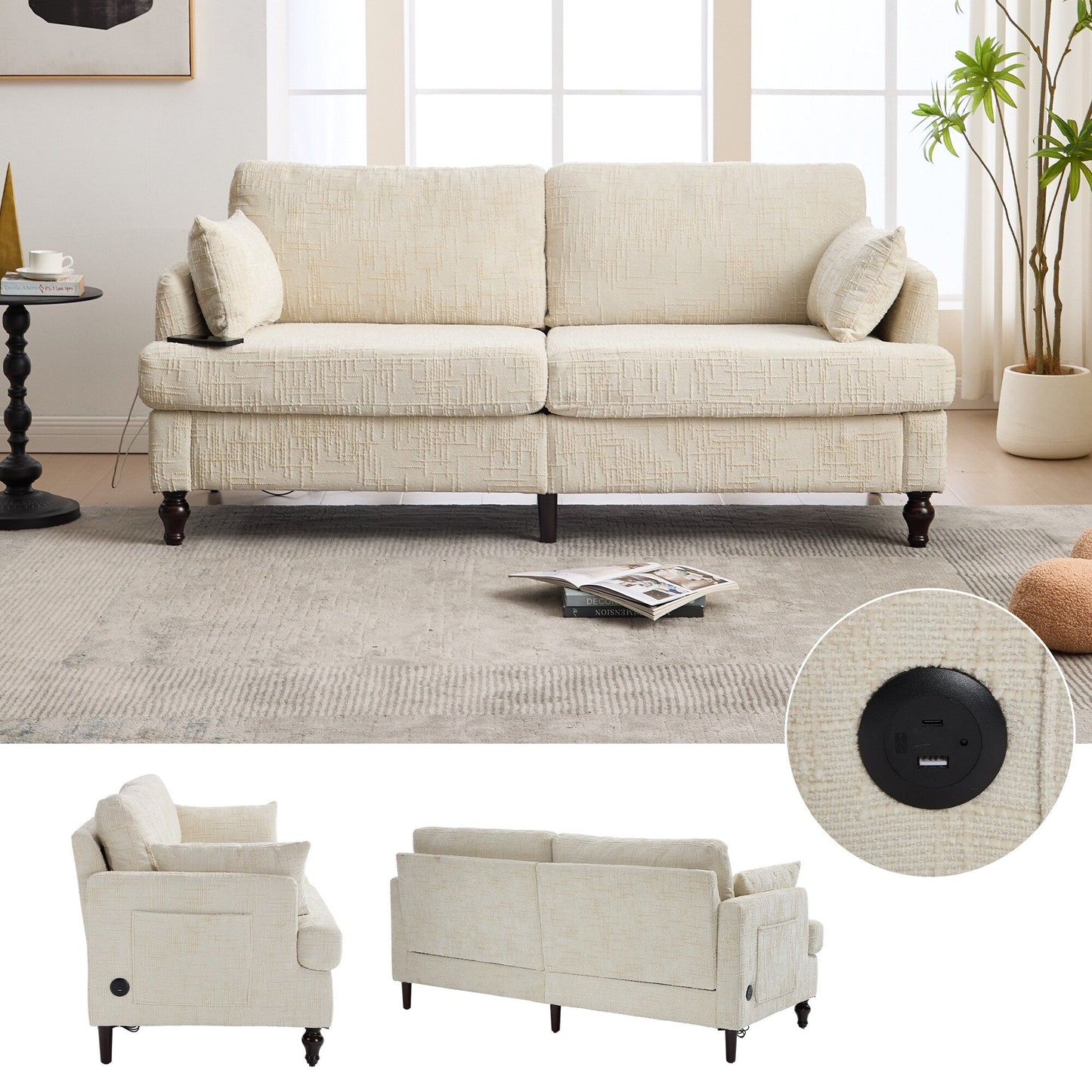 Modern Style Chenille 2-Seater Wood-Legged Sofa With Led Light, Usb Charging Port And Storage Bag Living Room Bedroom Study Room