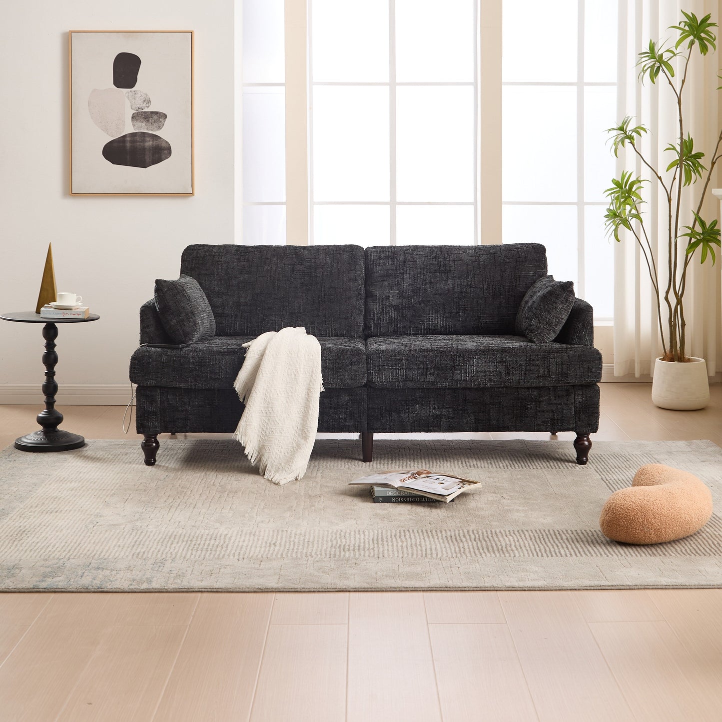 Modern Style Chenille 2-Seater Wood-Legged Sofa With Led Light, Usb Charging Port And Storage Bag Living Room Bedroom Study Room