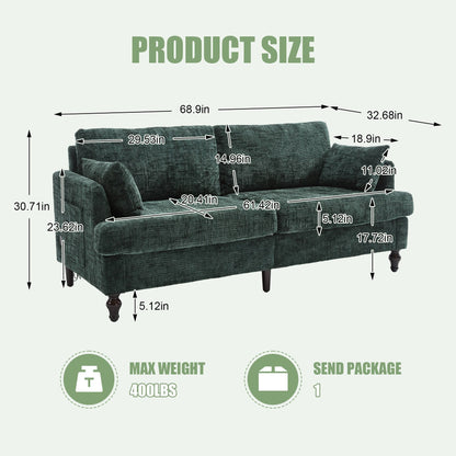 Modern Style Chenille 2-Seater Wood-Legged Sofa With Led Light, Usb Charging Port And Storage Bag Living Room Bedroom Study Room