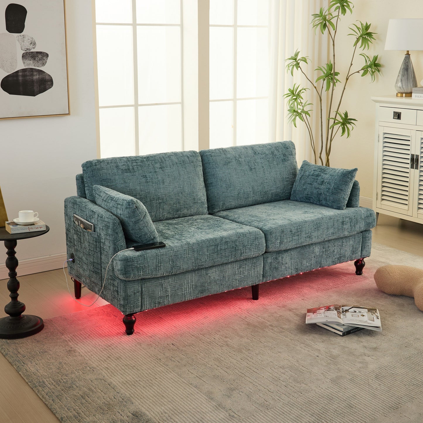 Modern Style Chenille 2-Seater Wood-Legged Sofa With Led Light, Usb Charging Port And Storage Bag Living Room Bedroom Study Room