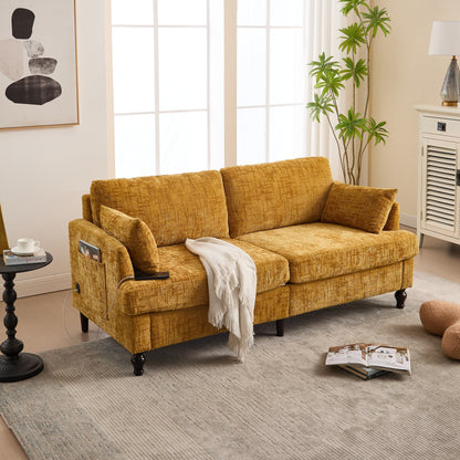 Modern Style Chenille 2-Seater Wood-Legged Sofa With Led Light, Usb Charging Port And Storage Bag Living Room Bedroom Study Room
