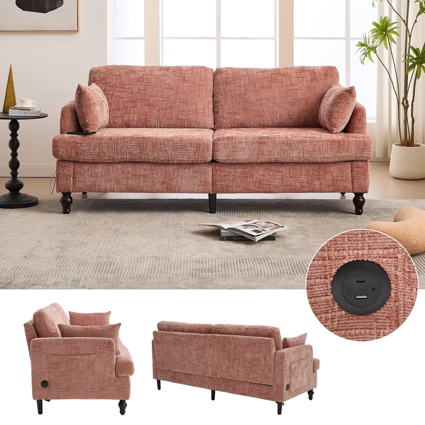 Modern Style Chenille 2-Seater Wood-Legged Sofa With Led Light, Usb Charging Port And Storage Bag Living Room Bedroom Study Room