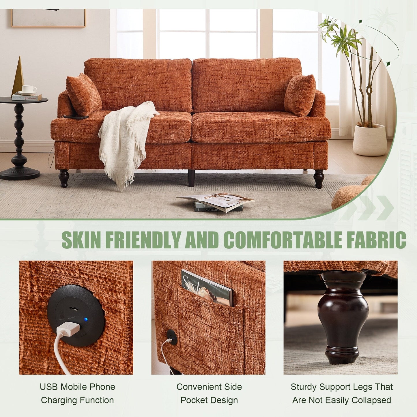 Modern Style Chenille 2-Seater Wood-Legged Sofa With Led Light, Usb Charging Port And Storage Bag Living Room Bedroom Study Room