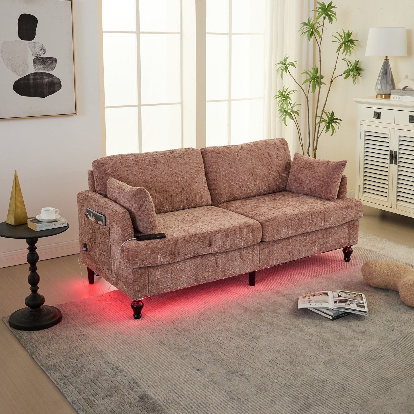 Modern Style Chenille 2-Seater Wood-Legged Sofa With Led Light, Usb Charging Port And Storage Bag Living Room Bedroom Study Room
