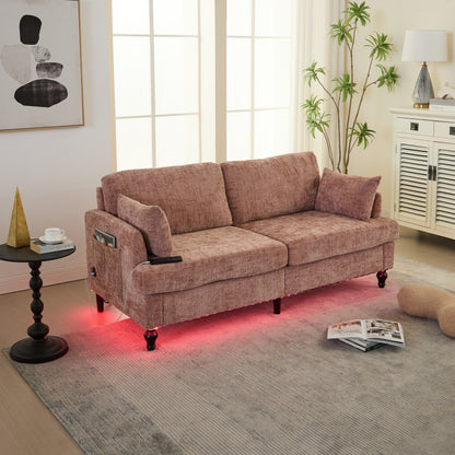 Modern Style Chenille 2-Seater Wood-Legged Sofa With Led Light, Usb Charging Port And Storage Bag Living Room Bedroom Study Room