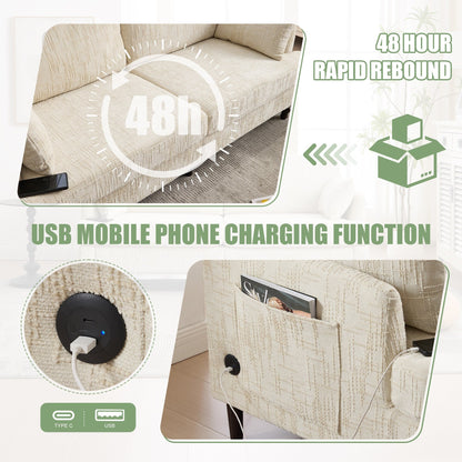 Modern Style Chenille 2-Seater Wood-Legged Sofa With Led Light, Usb Charging Port And Storage Bag Living Room Bedroom Study Room