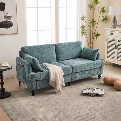 Modern Style Chenille 2-Seater Wood-Legged Sofa With Led Light, Usb Charging Port And Storage Bag Living Room Bedroom Study Room
