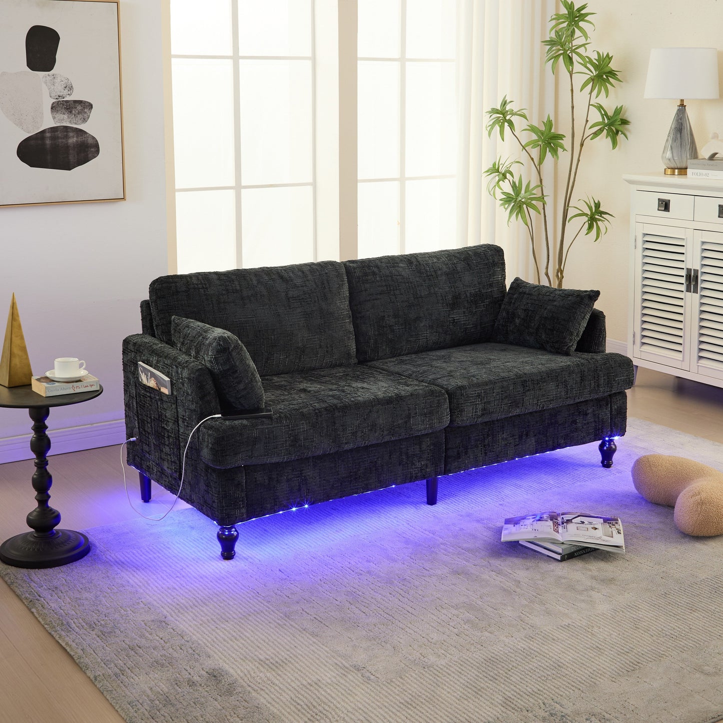 Modern Style Chenille 2-Seater Wood-Legged Sofa With Led Light, Usb Charging Port And Storage Bag Living Room Bedroom Study Room
