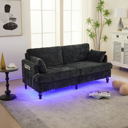 Modern Style Chenille 2-Seater Wood-Legged Sofa With Led Light, Usb Charging Port And Storage Bag Living Room Bedroom Study Room