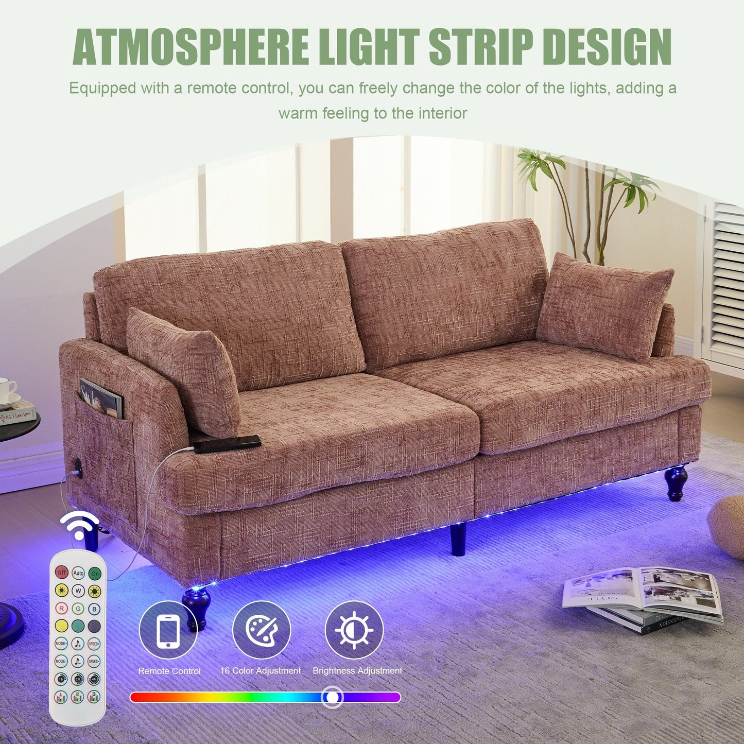 Modern Style Chenille 2-Seater Wood-Legged Sofa With Led Light, Usb Charging Port And Storage Bag Living Room Bedroom Study Room