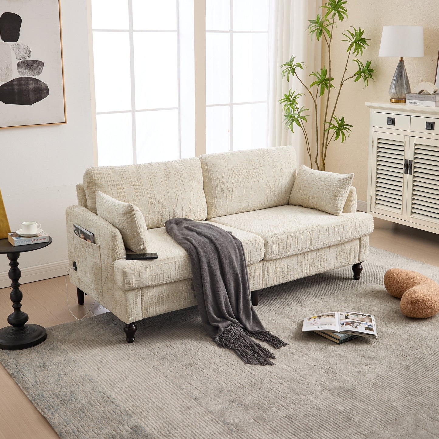 Modern Style Chenille 2-Seater Wood-Legged Sofa With Led Light, Usb Charging Port And Storage Bag Living Room Bedroom Study Room