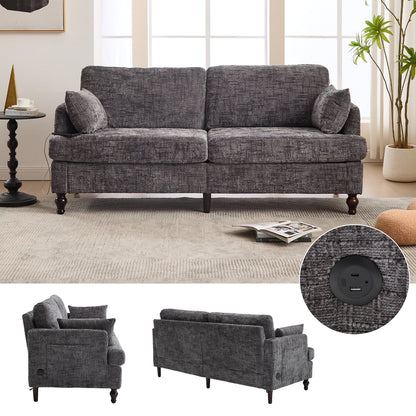 Modern Style Chenille 2-Seater Wood-Legged Sofa With Led Light, Usb Charging Port And Storage Bag Living Room Bedroom Study Room