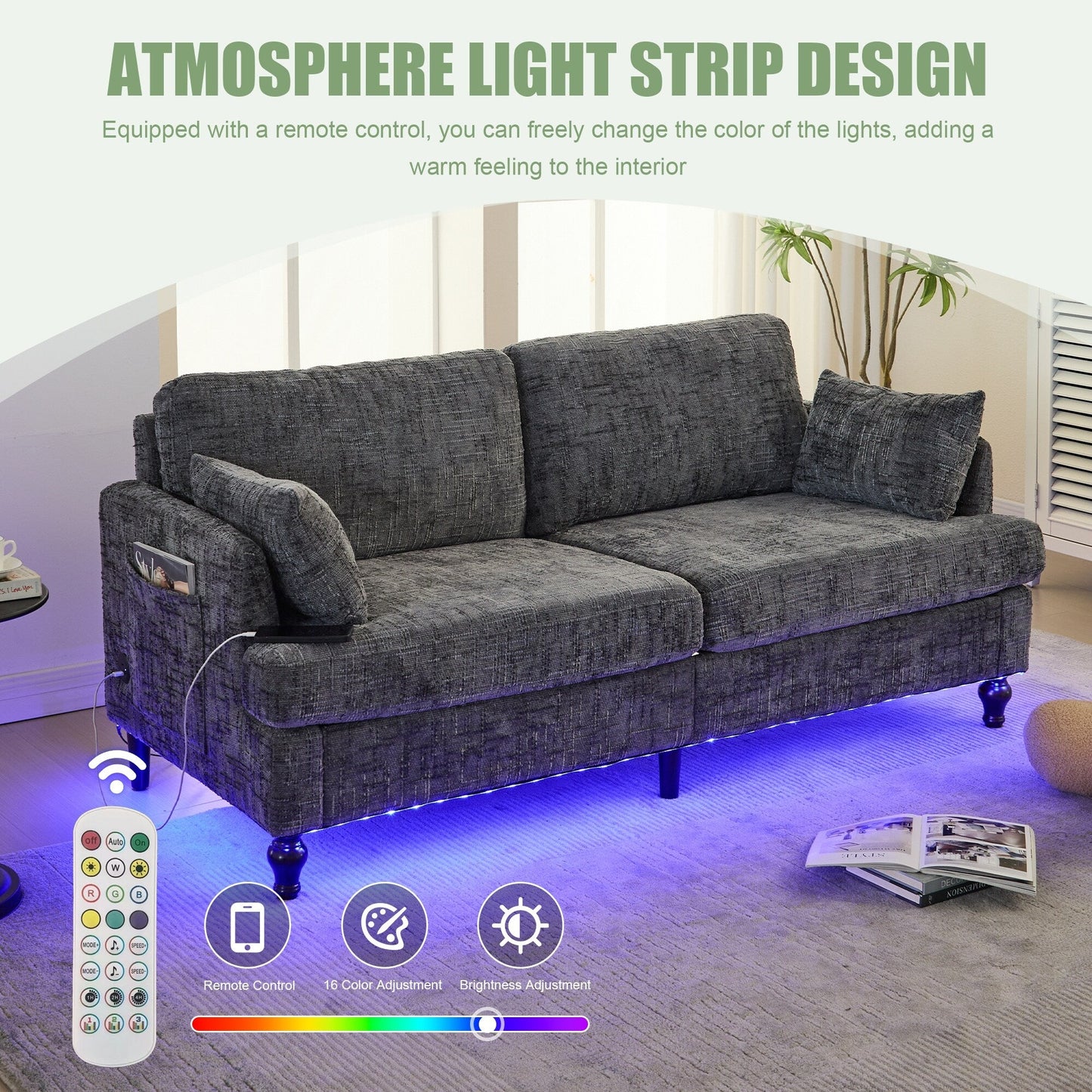 Modern Style Chenille 2-Seater Wood-Legged Sofa With Led Light, Usb Charging Port And Storage Bag Living Room Bedroom Study Room