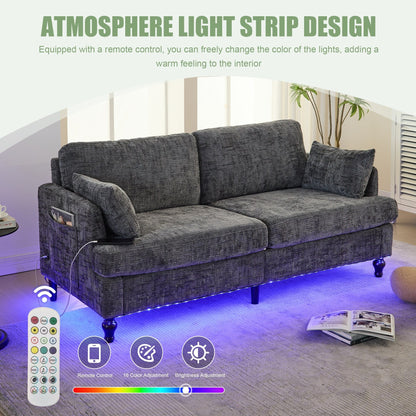 Modern Style Chenille 2-Seater Wood-Legged Sofa With Led Light, Usb Charging Port And Storage Bag Living Room Bedroom Study Room