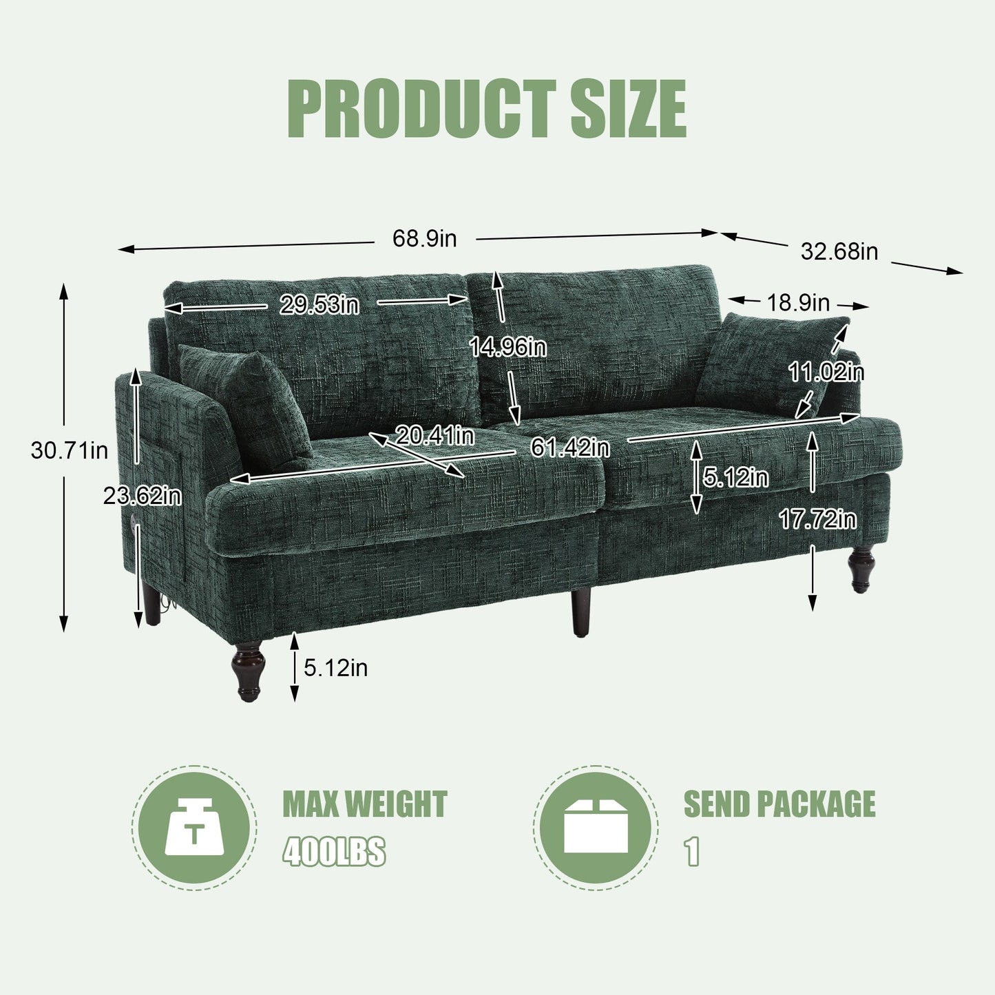 Modern Style Chenille 2-Seater Wood-Legged Sofa With Led Light,USB Charging Port And Storage Bag Living Room Bedroom Study Room