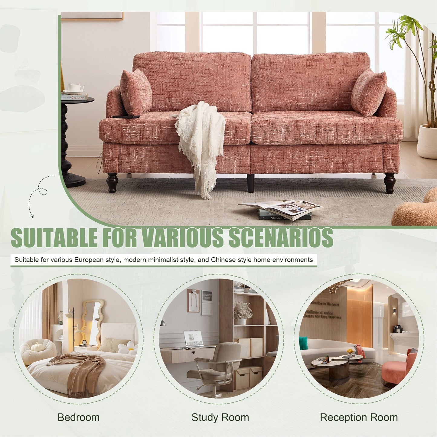 Modern Style Chenille 2-Seater Wood-Legged Sofa With Led Light,USB Charging Port And Storage Bag Living Room Bedroom Study Room