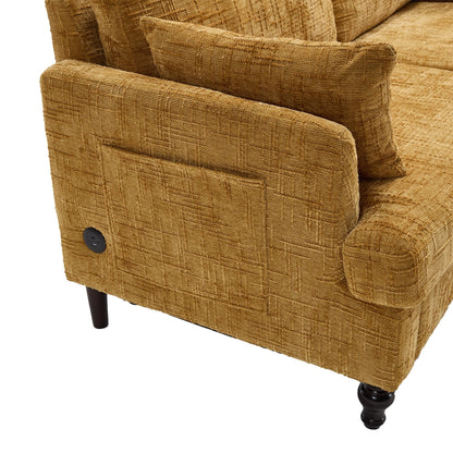Modern Style Chenille 2-Seater Wood-Legged Sofa With Led Light,USB Charging Port And Storage Bag Living Room Bedroom Study Room