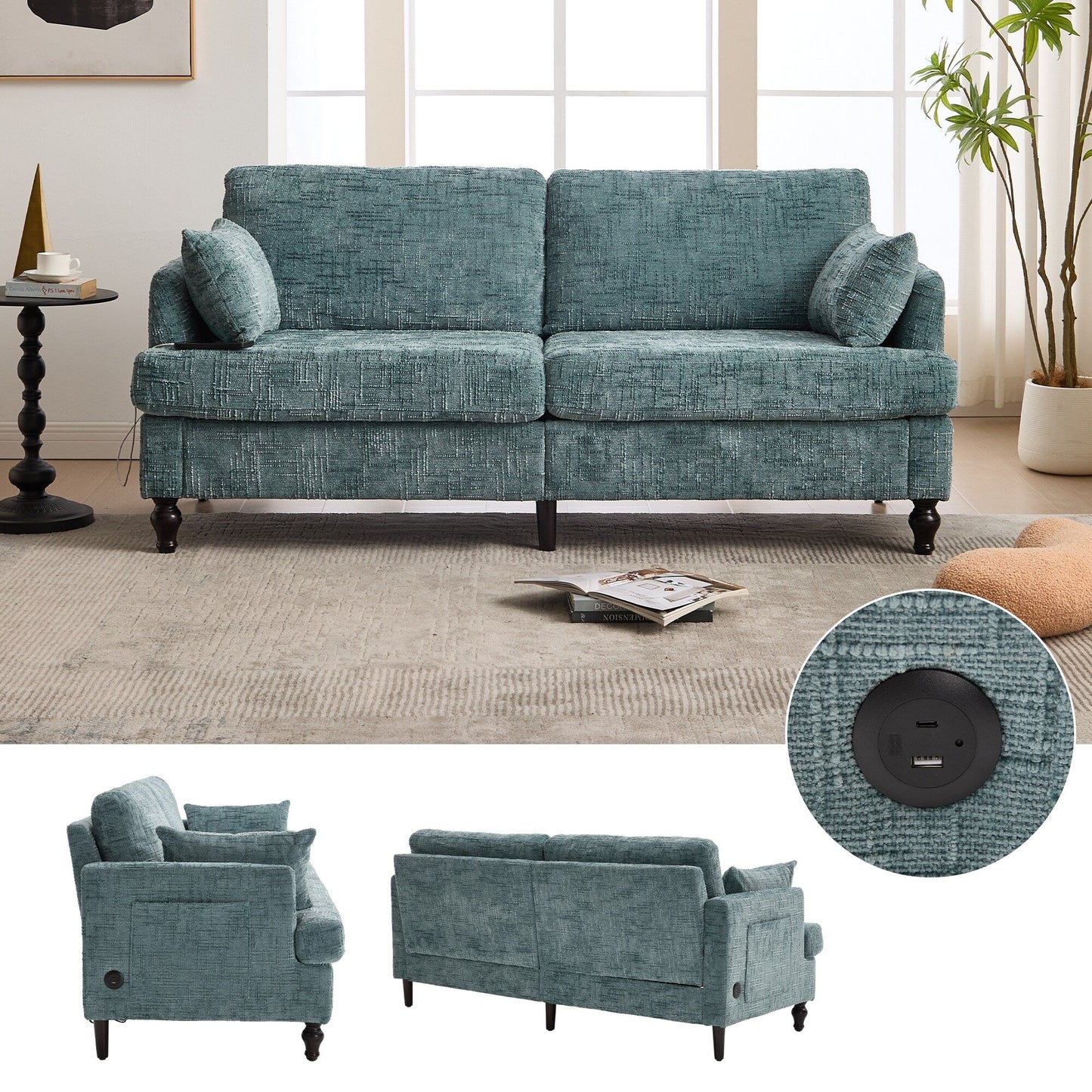 Modern Style Chenille 2-Seater Wood-Legged Sofa With Led Light,USB Charging Port And Storage Bag Living Room Bedroom Study Room