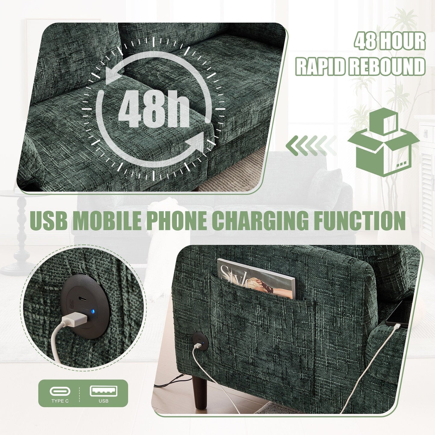 Modern Style Chenille 2-Seater Wood-Legged Sofa With Led Light,USB Charging Port And Storage Bag Living Room Bedroom Study Room