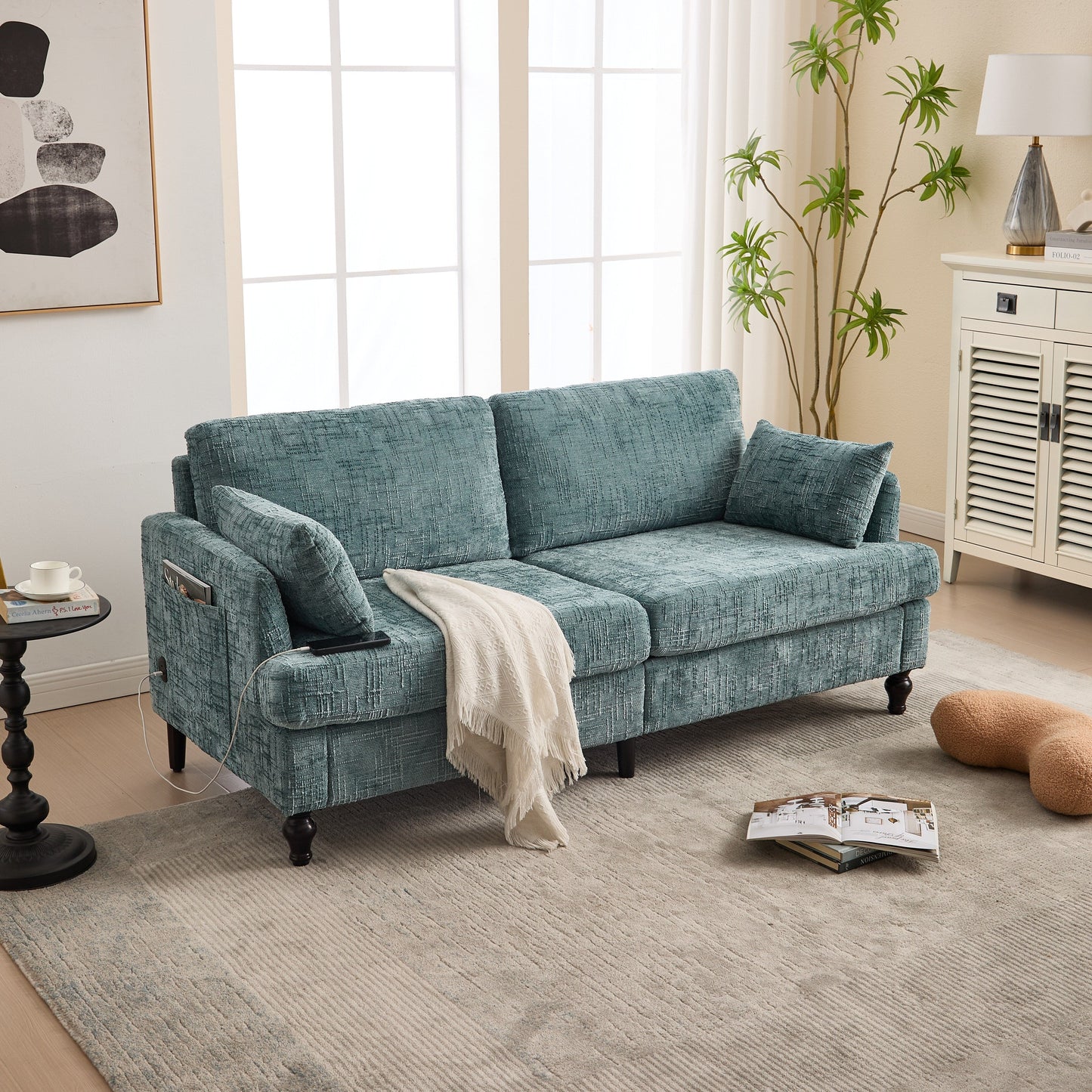 Modern Style Chenille 2-Seater Wood-Legged Sofa With Led Light,USB Charging Port And Storage Bag Living Room Bedroom Study Room