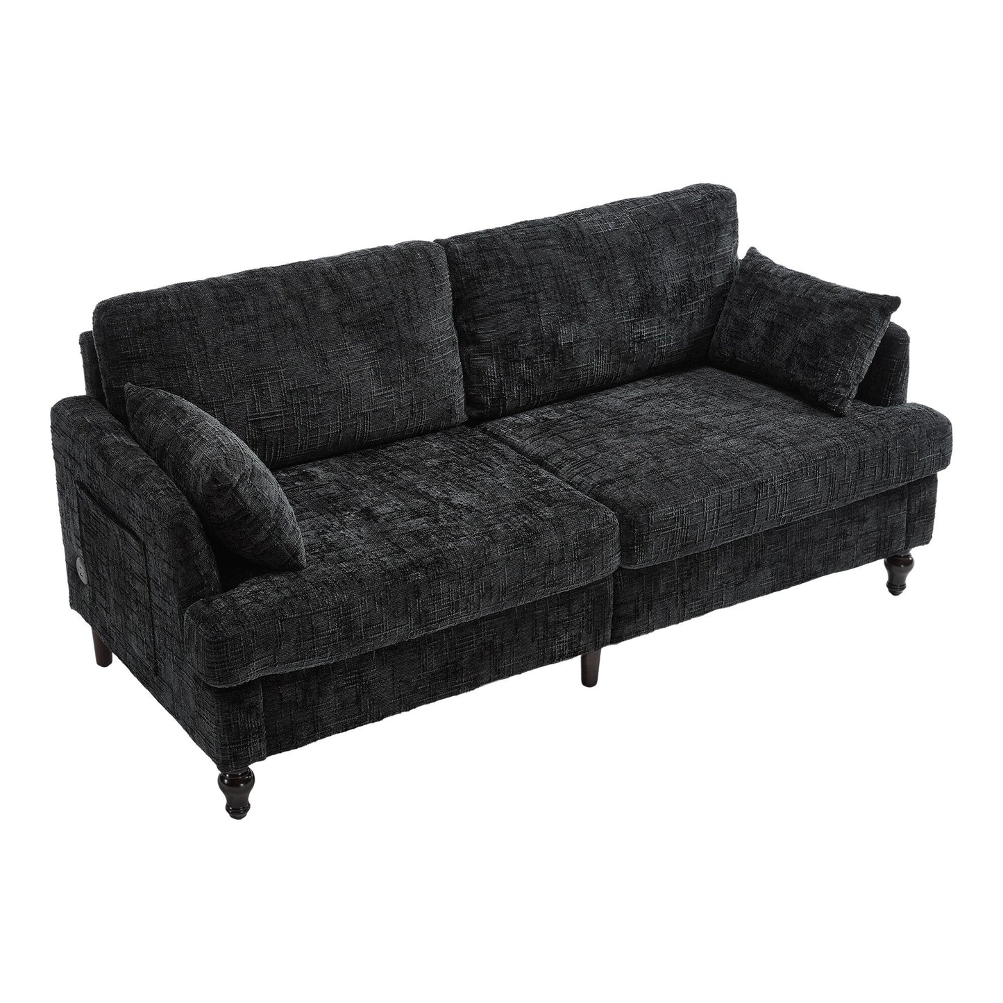 Modern Style Chenille 2-Seater Wood-Legged Sofa With Led Light,USB Charging Port And Storage Bag Living Room Bedroom Study Room