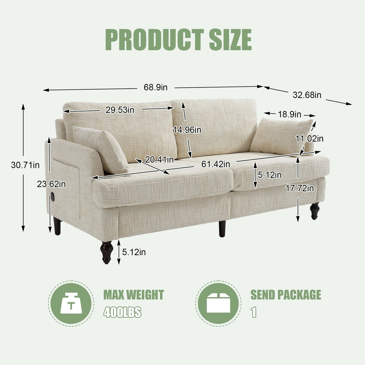 Modern Style Chenille 2-Seater Wood-Legged Sofa With Led Light,USB Charging Port And Storage Bag Living Room Bedroom Study Room