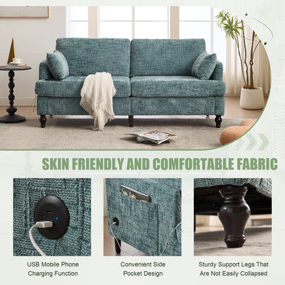 Modern Style Chenille 2-Seater Wood-Legged Sofa With Led Light,USB Charging Port And Storage Bag Living Room Bedroom Study Room