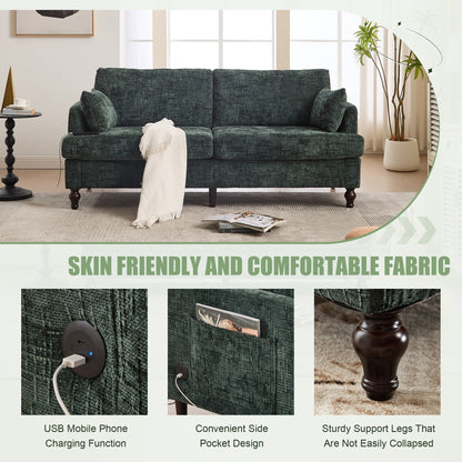 Modern Style Chenille 2-Seater Wood-Legged Sofa With Led Light,USB Charging Port And Storage Bag Living Room Bedroom Study Room