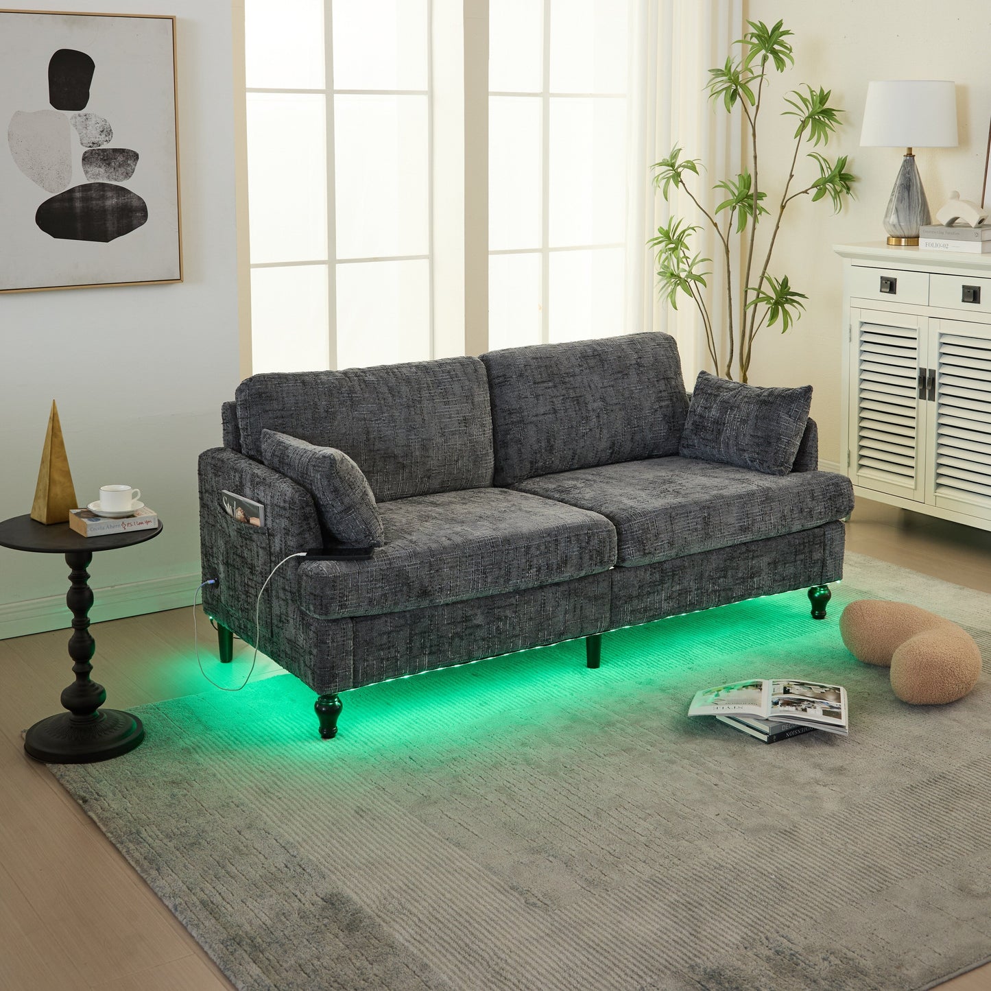 Modern Style Chenille 2-Seater Wood-Legged Sofa With Led Light,USB Charging Port And Storage Bag Living Room Bedroom Study Room