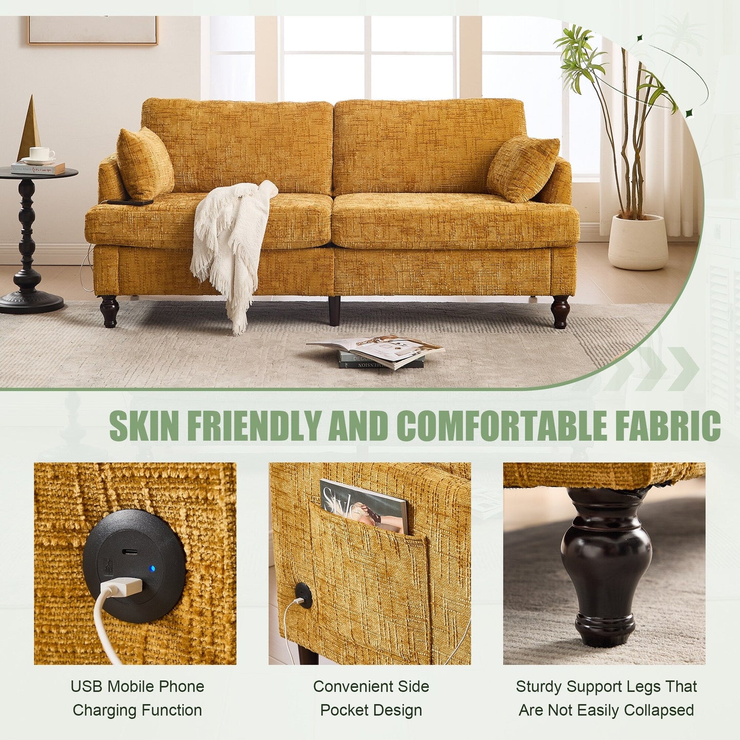 Modern Style Chenille 2-Seater Wood-Legged Sofa With Led Light,USB Charging Port And Storage Bag Living Room Bedroom Study Room