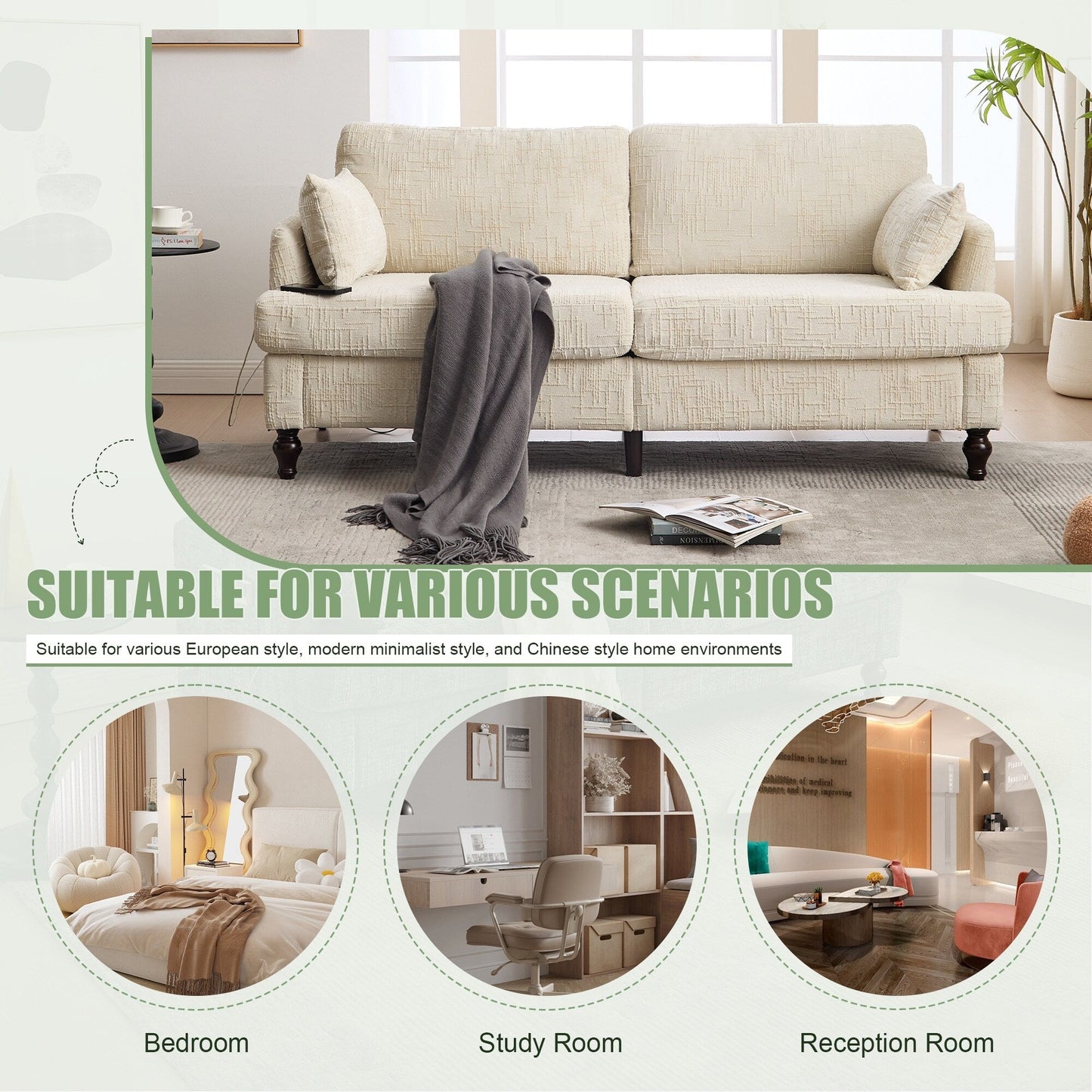Modern Style Chenille 2-Seater Wood-Legged Sofa With Led Light,USB Charging Port And Storage Bag Living Room Bedroom Study Room