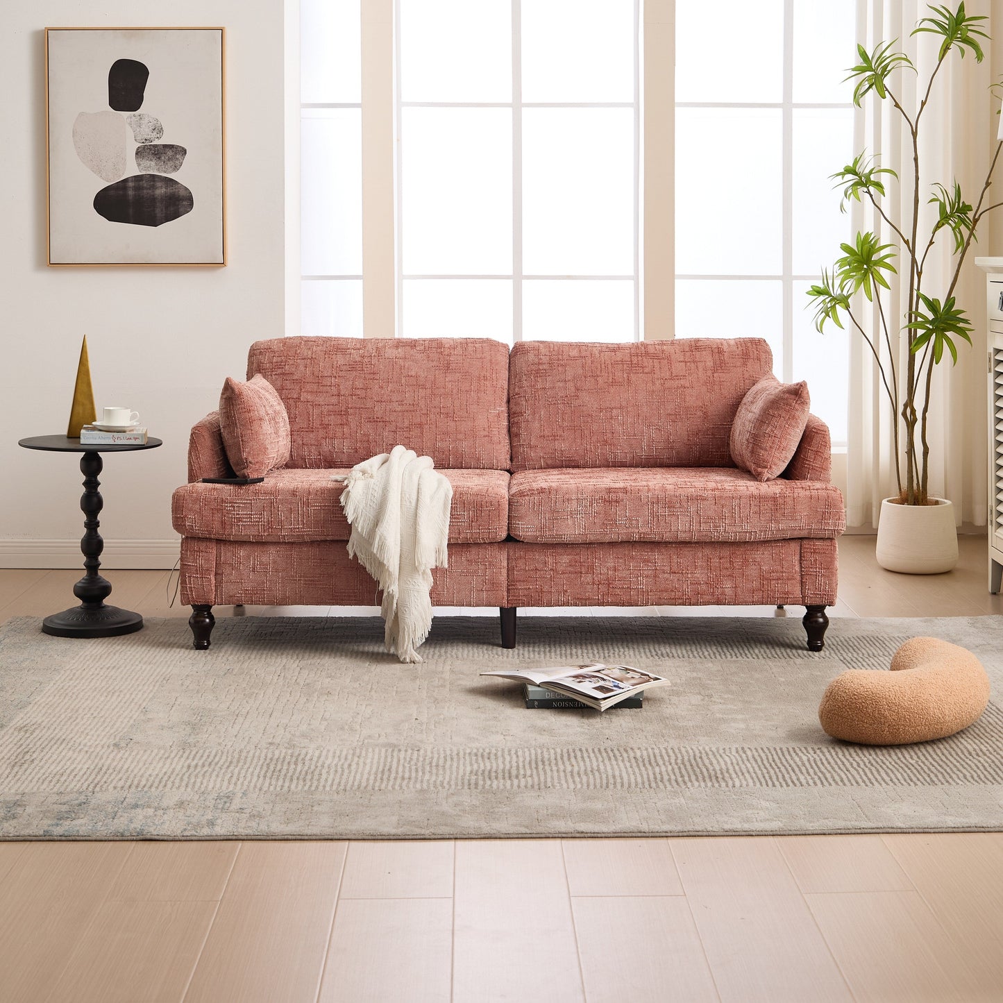 Modern Style Chenille 2-Seater Wood-Legged Sofa With Led Light,USB Charging Port And Storage Bag Living Room Bedroom Study Room
