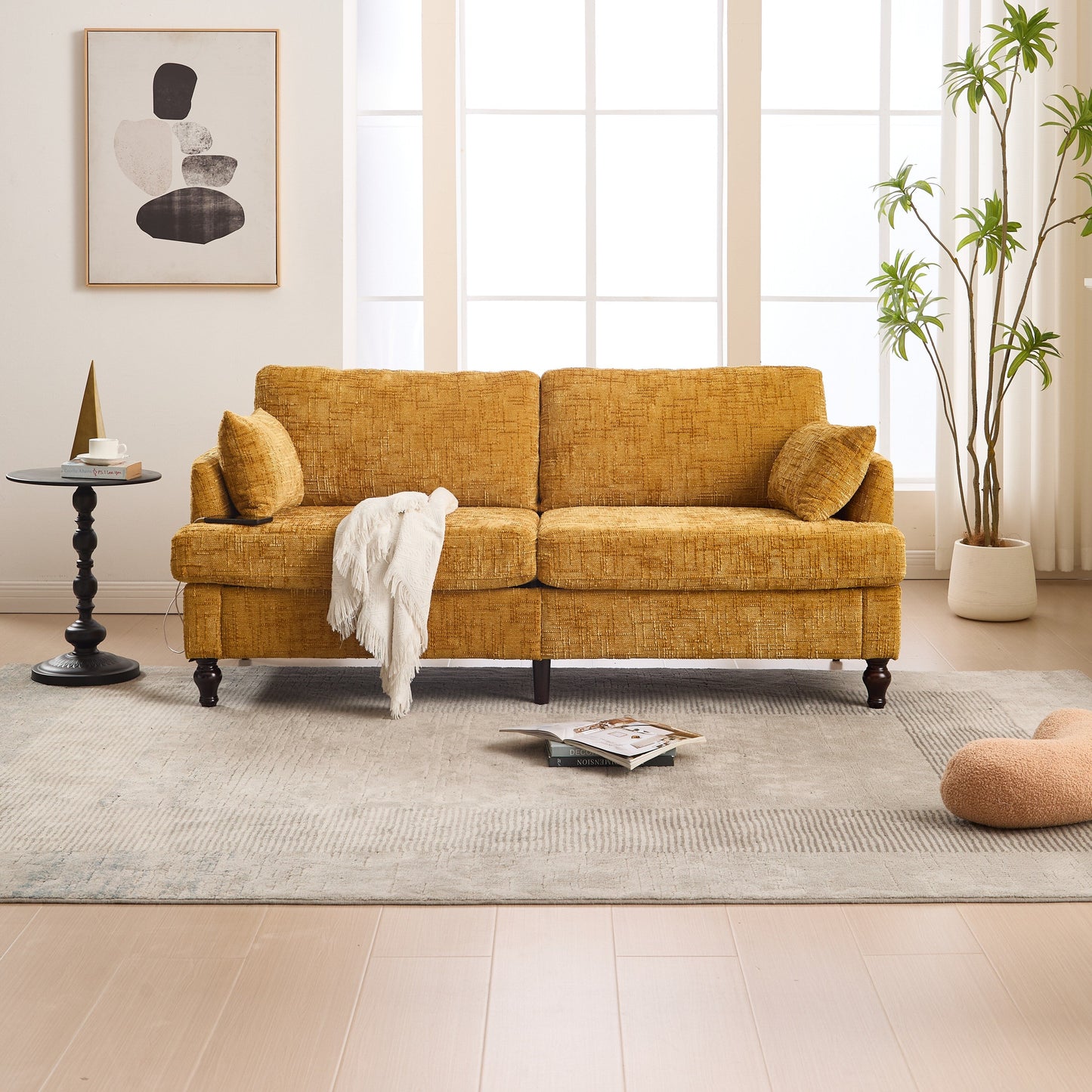 Modern Style Chenille 2-Seater Wood-Legged Sofa With Led Light,USB Charging Port And Storage Bag Living Room Bedroom Study Room