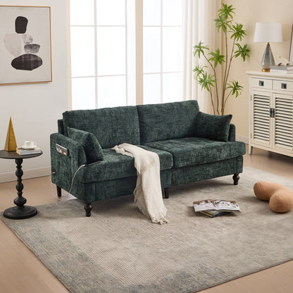 Modern Style Chenille 2-Seater Wood-Legged Sofa With Led Light,USB Charging Port And Storage Bag Living Room Bedroom Study Room