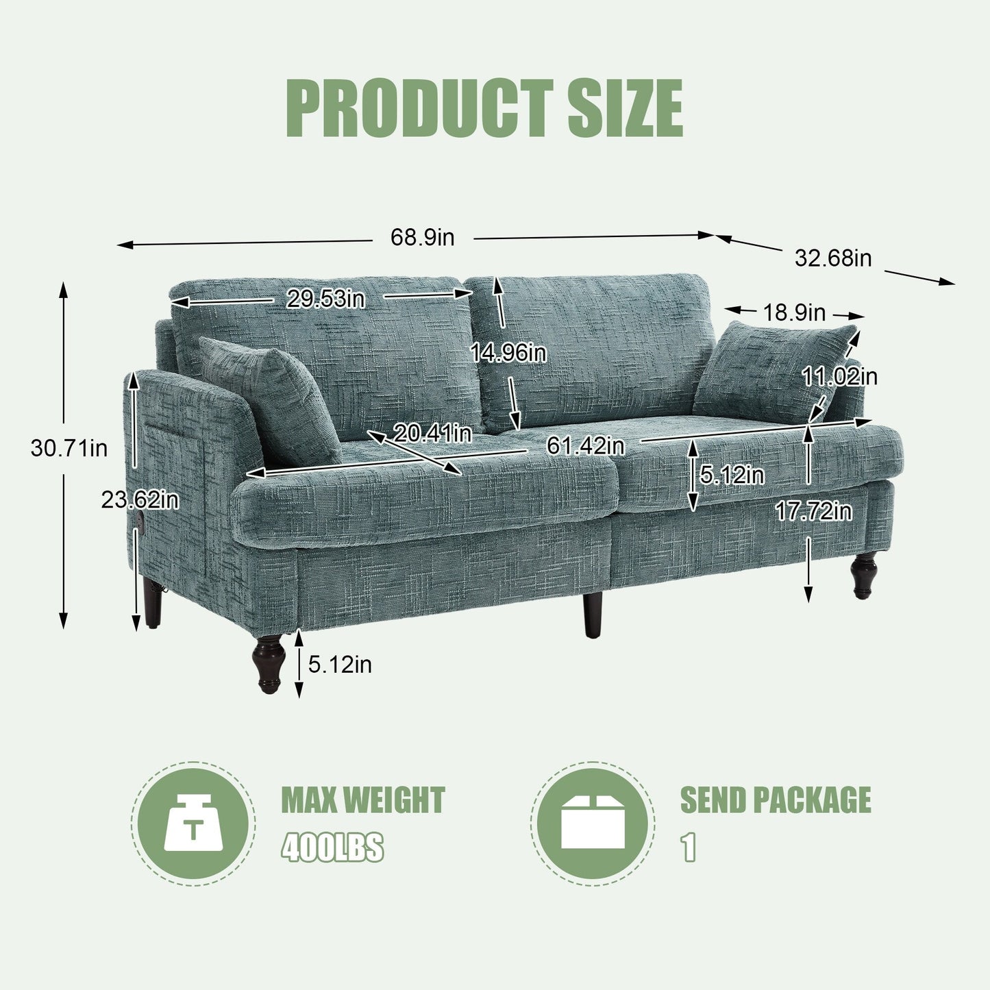 Modern Style Chenille 2-Seater Wood-Legged Sofa With Led Light,USB Charging Port And Storage Bag Living Room Bedroom Study Room