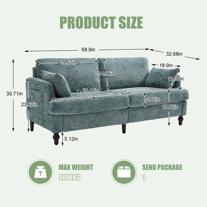 Modern Style Chenille 2-Seater Wood-Legged Sofa With Led Light,USB Charging Port And Storage Bag Living Room Bedroom Study Room